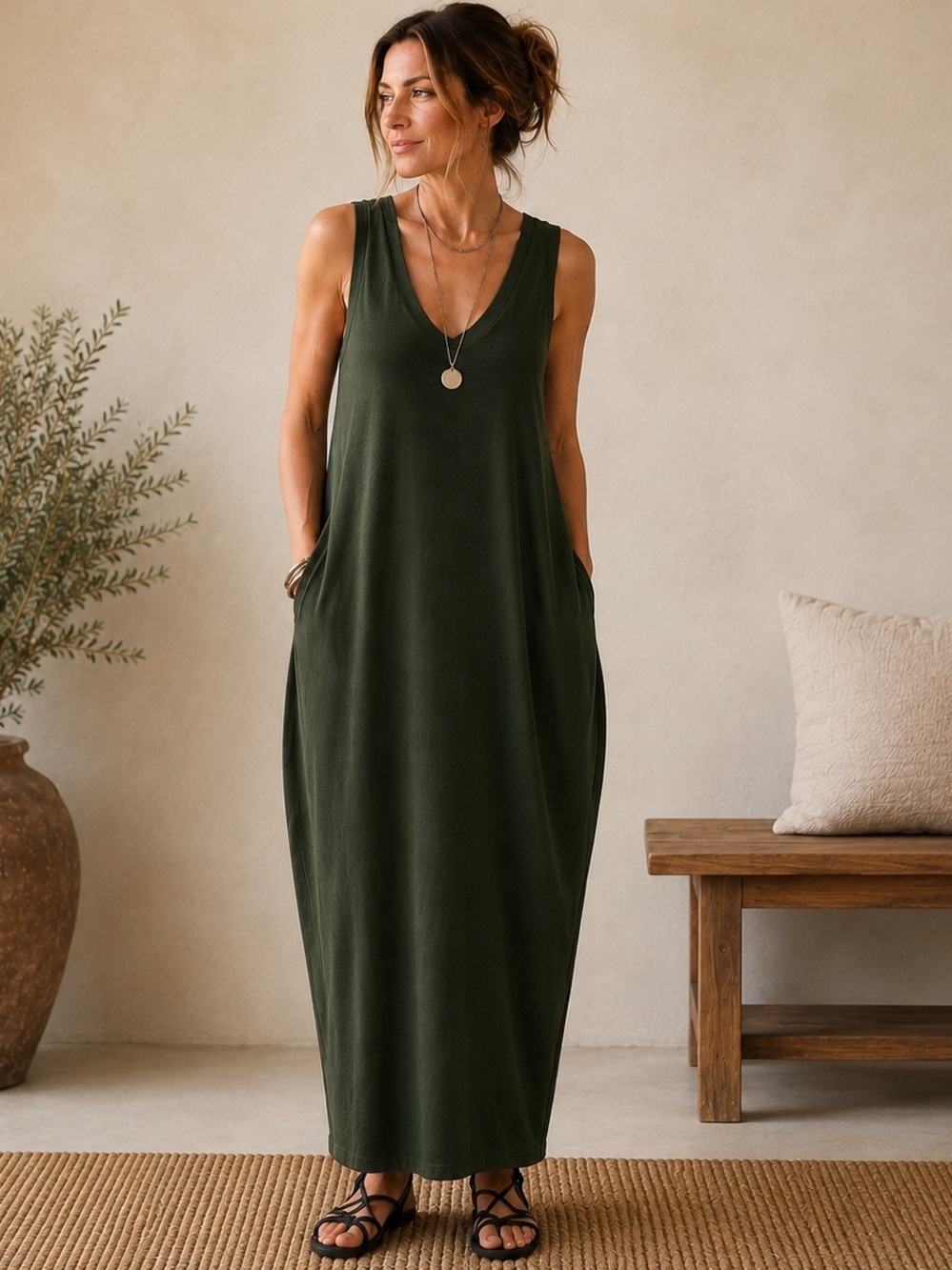 Max Mara Leisure Cocoon Jersey Tank Maxi Dress Dark Green Gray